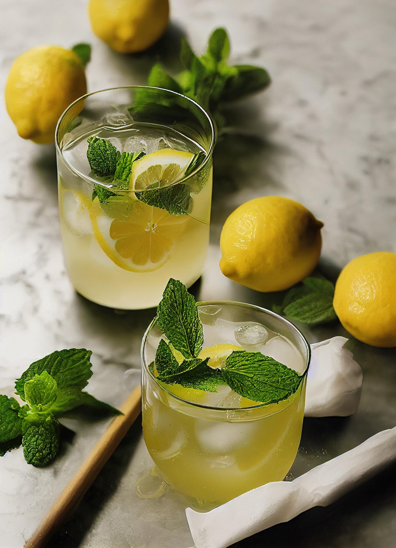 Two glasses of lemonade with fresh lemons